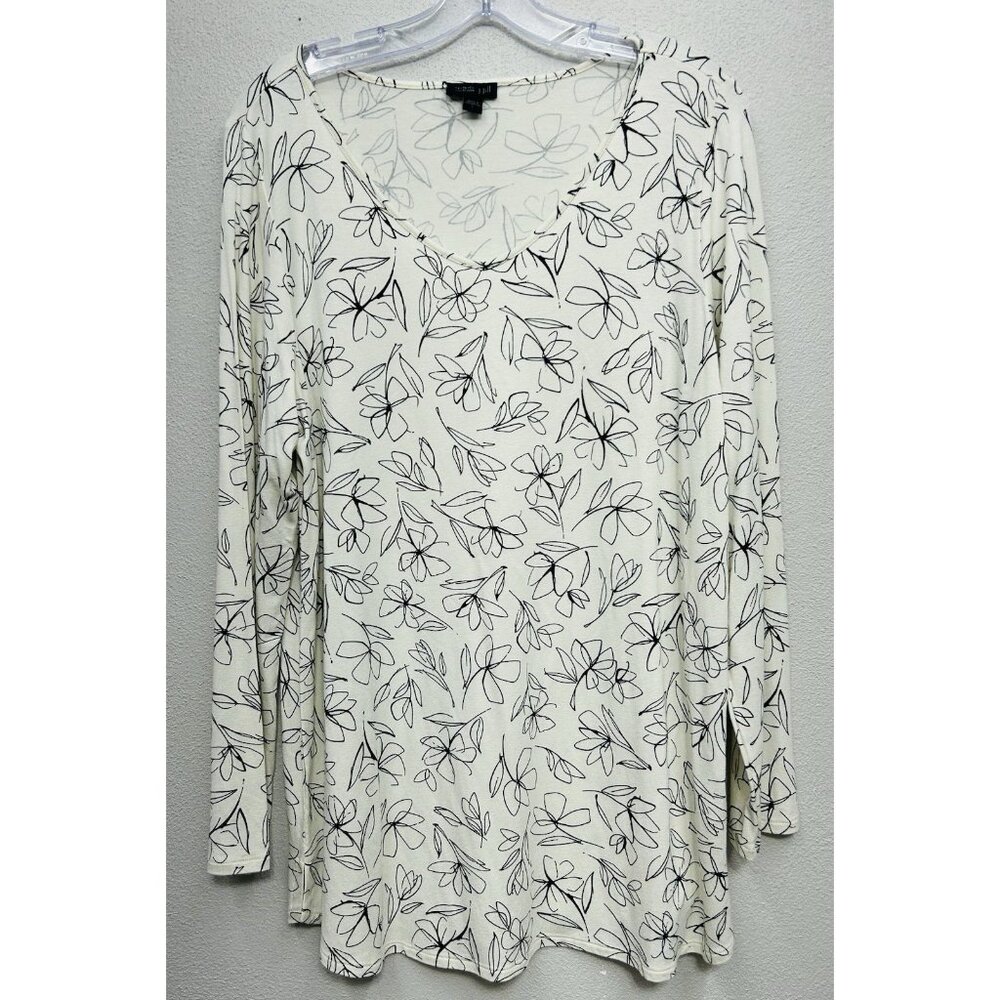 J. Jill Wearever Collection Floral Top Size Large Cream Black V Neck Spring